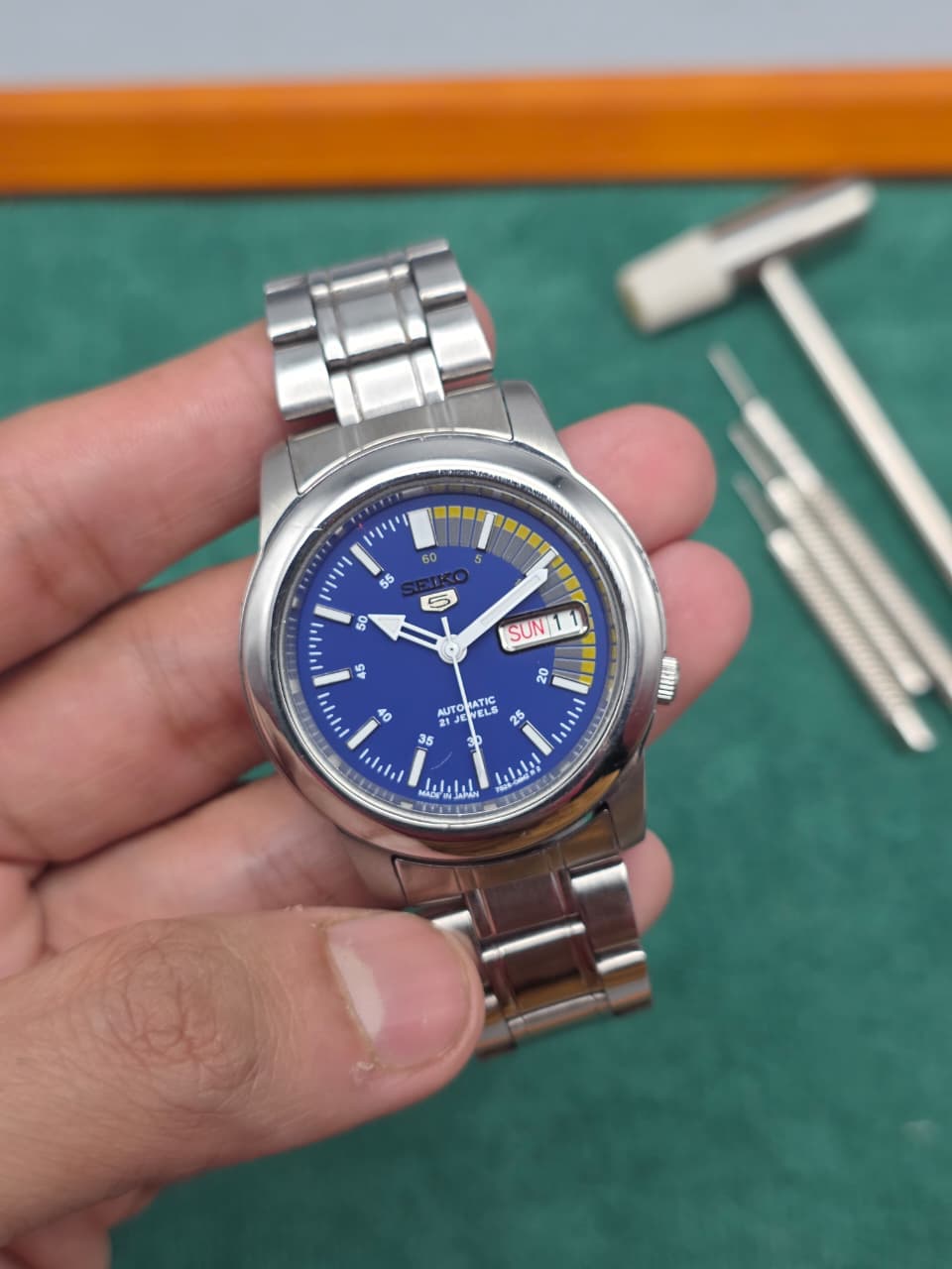 Seiko 5 Blue Dial Yellow Track Accent