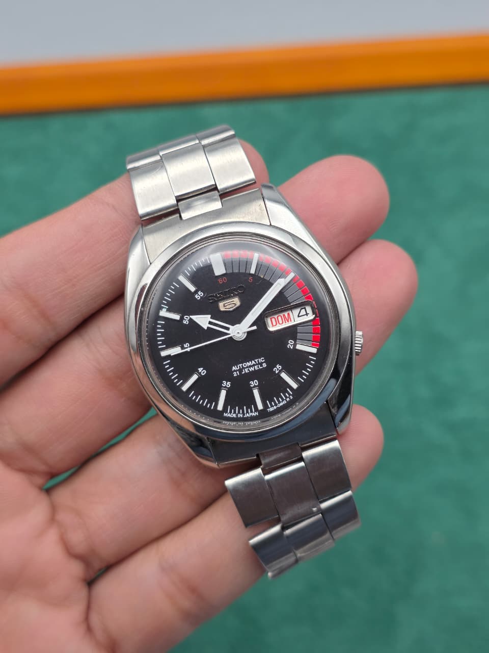 Seiko 5 Automatic Black Dial Red Track Accent