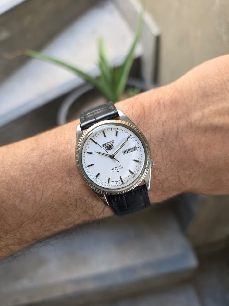 Seiko 5 White Dial Fluted Bezel Leather