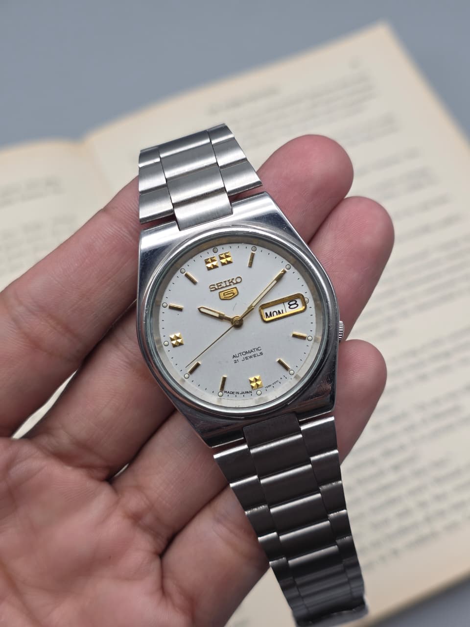 Seiko 5 White Dial Gold Diamond Markers
